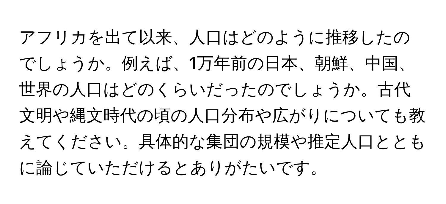 アフリカを出て以来、人口はどのように推移したのでしょうか。例えば、1万年前の日本、朝鮮、中国、世界の人口はどのくらいだったのでしょうか。古代文明や縄文時代の頃の人口分布や広がりについても教えてください。具体的な集団の規模や推定人口とともに論じていただけるとありがたいです。