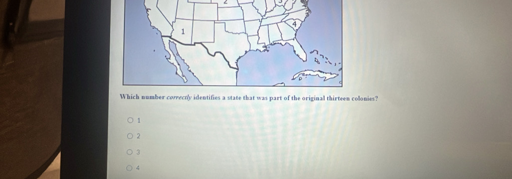 ∠
Which number correctly identifies a state that was part of the original thirteen colonies?
1
2
3
4