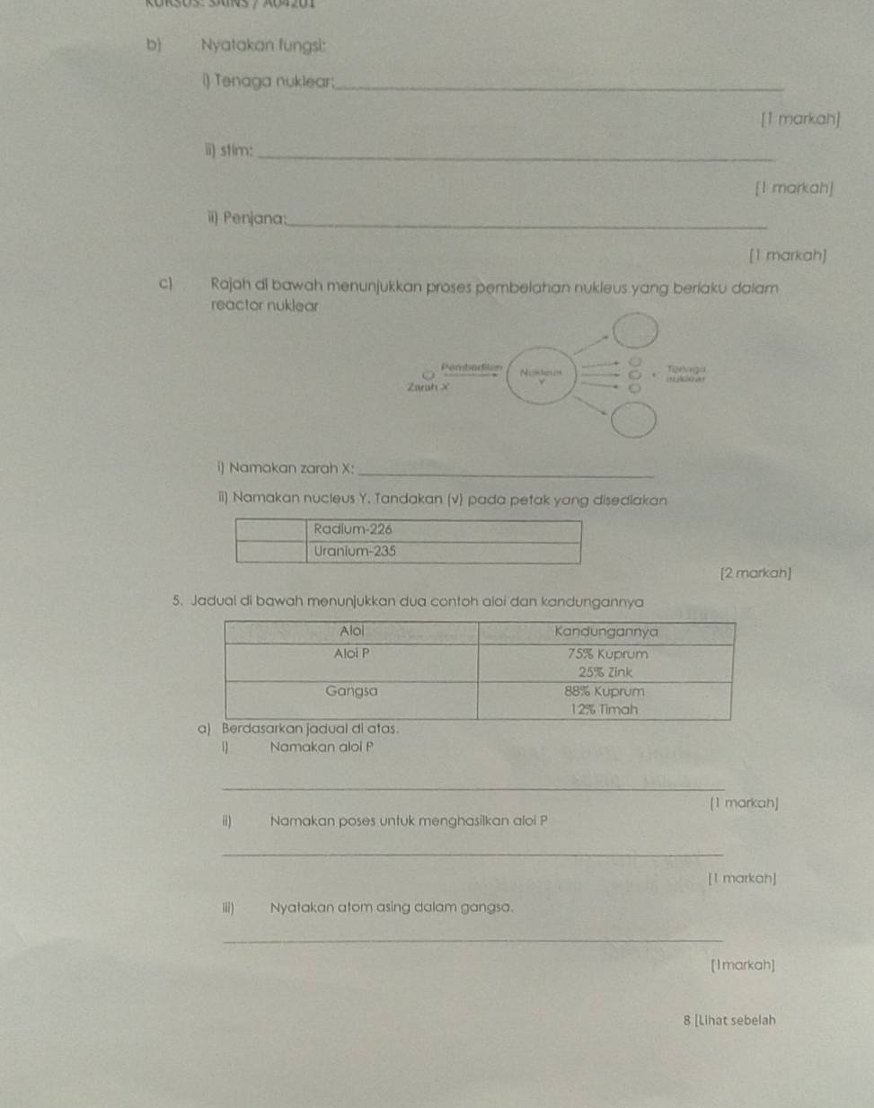 Nyatakan fungsi: 
i) Tenaga nuklear;_ 
[1 markah] 
i) stim:_ 
[1 markah] 
ii) Penjana:_ 
[1 markah] 
c) Rajah di bawah menunjukkan proses pembelahan nukleus yang beriaku dalam 
reactor nuklear 
i) Namakan zarah X :_ 
ii) Namakan nucleus Y. Tandakan (v) pada petak yang disediakan 
Radium- 226
Uranium- 235
[2 markah] 
5. Jadual di bawah menunjukkan dua contoh aloi dan kandungannya 
Namakan aloi P
_ 
[1 markah] 
ii) Namakan poses untuk menghasilkan aloi P
_ 
[1 markah] 
iii) Nyatakan atom asing dalam gangsa. 
_ 
[1markah] 
8 [Lihat sebelah