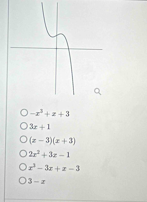 -x^3+x+3
3x+1
(x-3)(x+3)
2x^2+3x-1
x^3-3x+x-3
3-x