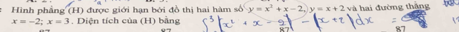 Hình phẳng (H) được giới hạn bởi đồ thị hai hàm số y=x^2+x-2, y=x+2 và hai đường thắng
x=-2; x=3. Diện tích của (H) bằng 
87