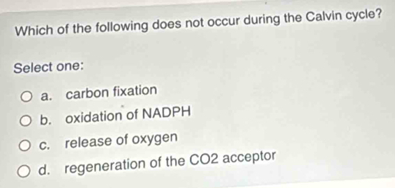 Which of the following does not occur during the Calvin cycle?
Select one:
a. carbon fixation
b. oxidation of NADPH
c. release of oxygen
d. regeneration of the CO2 acceptor