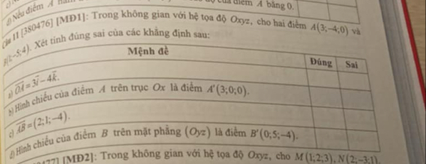 Nếu điểm  ha
của điểm A băng 0.
cll [380476] [MĐ1]: Trong không gian với hệ tọa độ Oxyz, cho hai điểm A(3;-4;0) và
đúng sai của các khẳng định sau:
127] [MĐ2