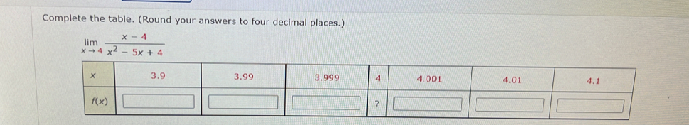 Complete the table. (Round your answers to four decimal places.)