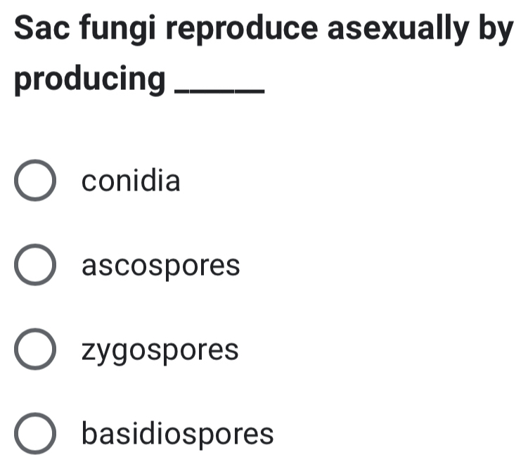 Sac fungi reproduce asexually by
producing_
conidia
ascospores
zygospores
basidiospores