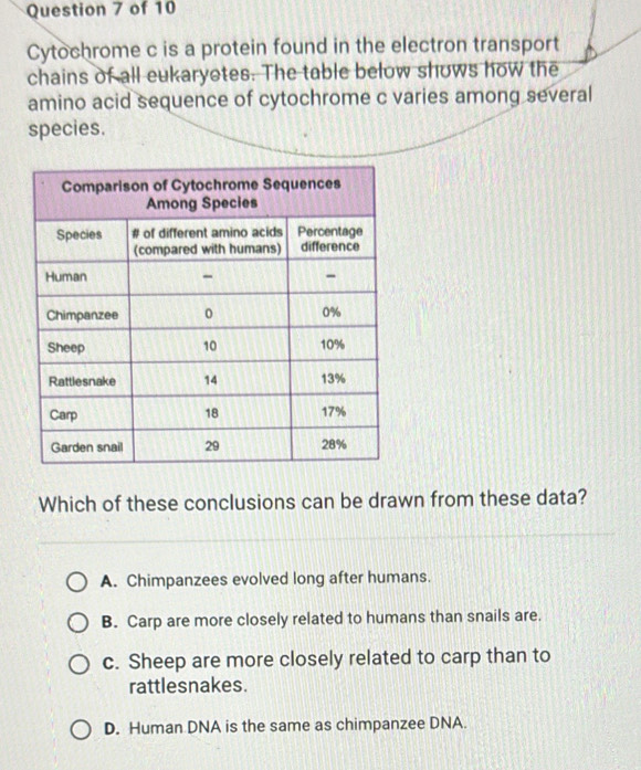 Cytochrome c is a protein found in the electron transport
chains of all eukaryotes. The table below shows how the
amino acid sequence of cytochrome c varies among several
species.
Which of these conclusions can be drawn from these data?
A. Chimpanzees evolved long after humans.
B. Carp are more closely related to humans than snails are.
c. Sheep are more closely related to carp than to
rattlesnakes.
D. Human DNA is the same as chimpanzee DNA.