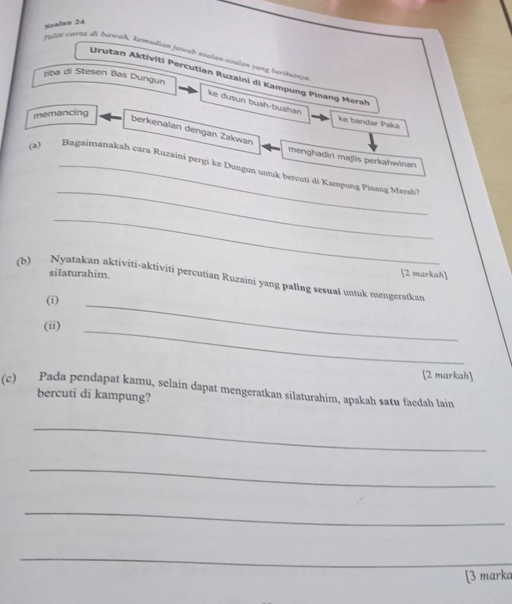 Soalan 24 
Tliti carta di bawah, kemudian jawab soalan-soalan yang berikutnya 
Urutan Aktiviti Percutian Ruzaini di Kampung Pinang Merah 
tiba di Stesen Bas Dungun 
ke dusun buah-buahan 
memancing 
ke bandar Paka 
berkenalan dengan Zakwan 
menghadiri majlis perkahwinan 
_ 
(3) _Bagaimanakah cara Ruzaini pergi ke Dungun untuk bercuti di Kampung Pinang Merah 
_ 
silaturahim. [2 markah] 
_ 
(b) Nyatakan aktiviti-aktiviti percutian Ruzaini yang paling sesuai untuk mengeratkan 
(i) 
(ii) 
_ 
[2 markah] 
(c) Pada pendapat kamu, selain dapat mengeratkan silaturahim, apakah satu faedah lain 
bercuti di kampung? 
_ 
_ 
_ 
_ 
[3 marka
