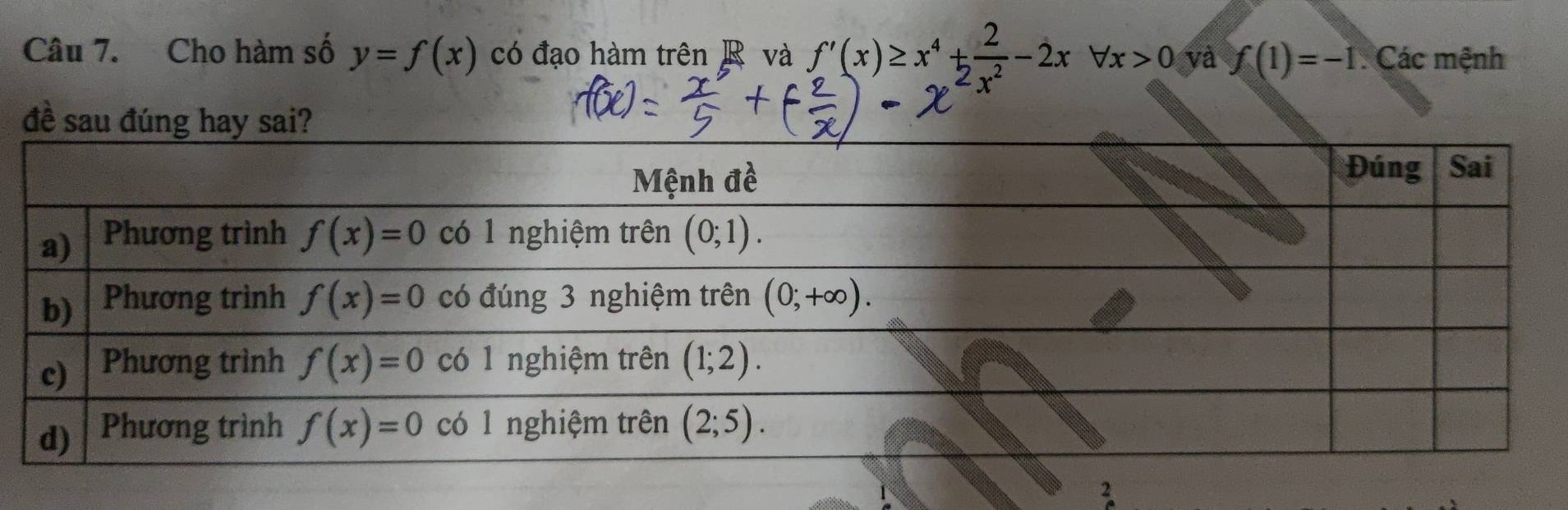 Cho hàm số y=f(x) có đạo hàm trên R và f'(x)≥ x^4+ 2/2x^2 -2xforall x>0 và f(1)=-1 Các mệnh
đề sa
3