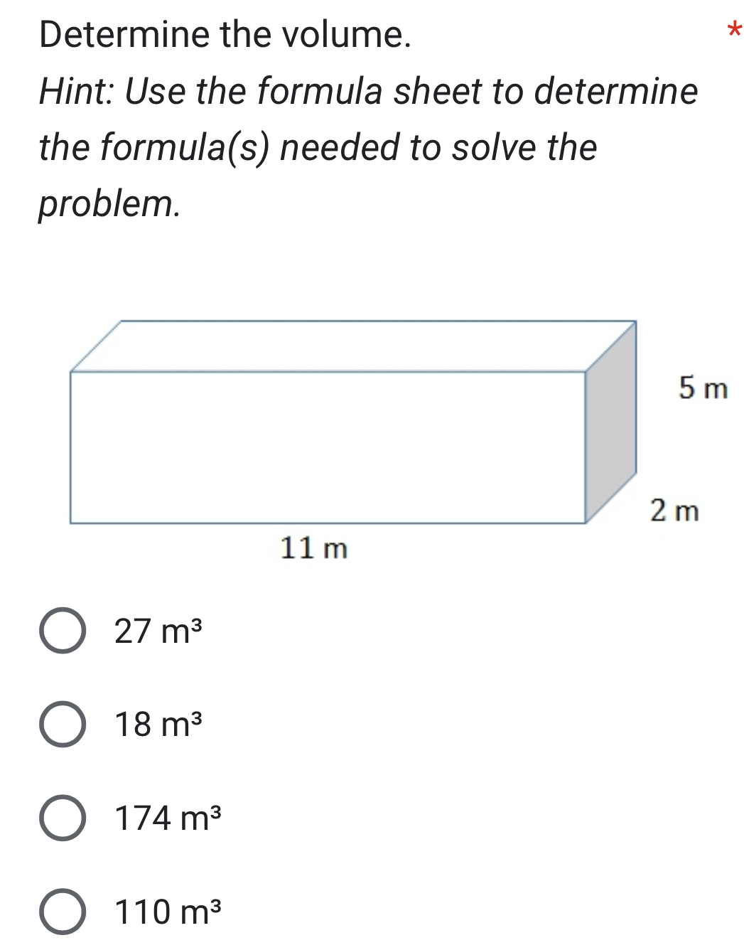 Solved: Determine the volume. * Hint: Use the formula sheet to ...