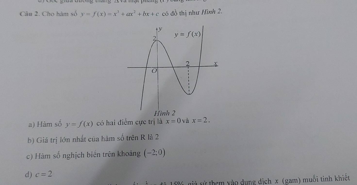 Cốc gia đường tháng     và mạt pháng  1  ) 
Câu 2. Cho hàm số y=f(x)=x^3+ax^2+bx+c có đồ thị như Hình 2.
a) Hàm số y=f(x) có hai điểm cực trị là x=0 và x=2.
b) Giá trị lớn nhất của hàm số trên R là 2
c) Hàm số nghịch biến trên khoảng (-2;0)
d) c=2
1 ô 15% giả sử them vào dung dịch x (gam) muối tinh khiết