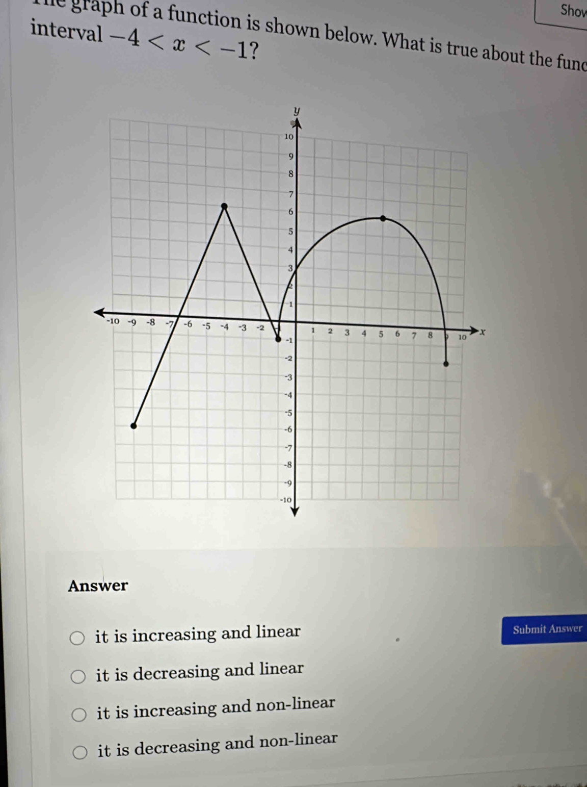 Shov
interval -4 ?
ue graph of a function is shown below. What is true about the fund
Answer
it is increasing and linear Submit Answer
it is decreasing and linear
it is increasing and non-linear
it is decreasing and non-linear