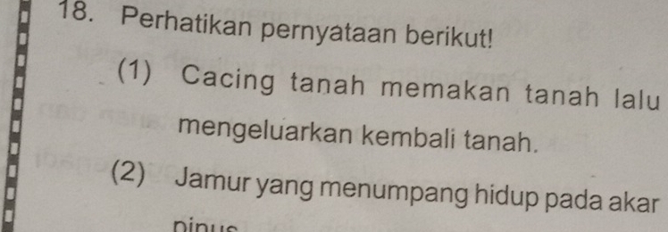 Perhatikan pernyataan berikut! 
(1) Cacing tanah memakan tanah lalu 
mengeluarkan kembali tanah. 
(2) Jamur yang menumpang hidup pada akar