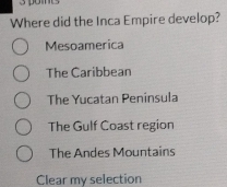 Where did the Inca Empire develop?
Mesoamerica
The Caribbean
The Yucatan Peninsula
The Gulf Coast region
The Andes Mountains
Clear my selection