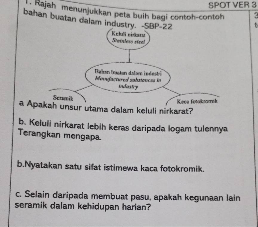 SPOT VER 3 
1. Rajah menunjukkan peta buih bagi contoh-contoh 
3 
bahan buatan dalam industry. -SBP-22 
t 
a Apakah unsur utama dalam keluli nirkarat? 
b. Keluli nirkarat lebih keras daripada logam tulennya 
Terangkan mengapa. 
b.Nyatakan satu sifat istimewa kaca fotokromik. 
c. Selain daripada membuat pasu, apakah kegunaan lain 
seramik dalam kehidupan harian?