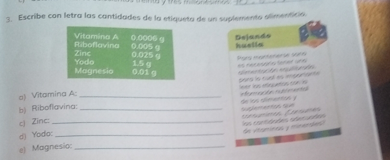 emay tes mlonesmos _ 
3. Escribe con letra las cantidades de la etiqueta de un suplemento almenticio. 
Vitamina A 0.0006 g Dejando 
Riboflavina 0.005 g
huslla 
Zinc 0.025 g
Para marferenía soño 
Yodo 1.5 g
s rér e e res e 
Magnesio 0.01 g
ameacón aq n 
para la cúa es impanante 
e 
a) Vitamina A:_ 

b) Riboflavina: 
suclementos que de los alímentos y 
c) Zinc:_ 
os co d d es cé a t d d e 
d) Yodo: __ato E 
de Vamncs y mimened 
e) Magnesio:_