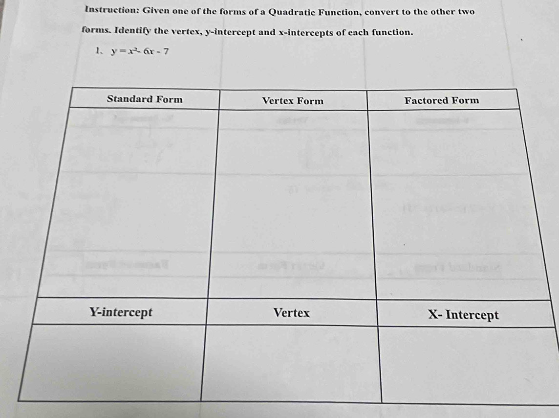 Instruction: Given one of the forms of a Quadratic Function, convert to the other two 
forms. Identify the vertex, y-intercept and x-intercepts of each function. 
1、 y=x^2-6x-7