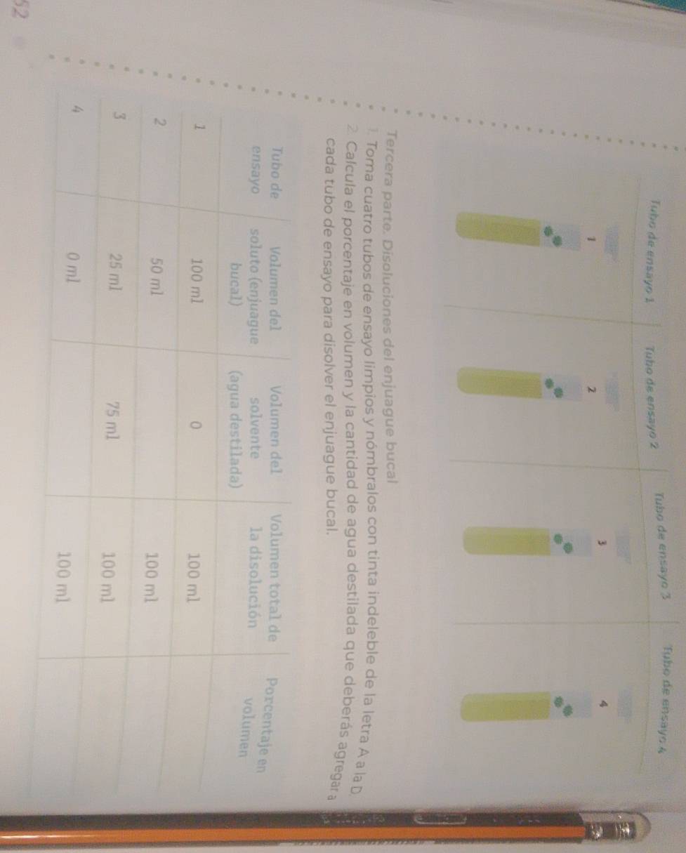 Tercera parte. Disoluciones del enjuague bucal 
1. Toma cuatro tubos de ensayo limpios y nómbralos con tinta indeleble de la letra A a la D 
2. Calcula el porcentaje en volumen y la cantidad de agua destilada que deberás agregara 
cada tubo de ensayo para disolver el enjuague bucal. 
52