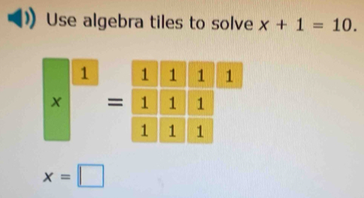 Use algebra tiles to solve x+1=10.
1 
x =
x=□