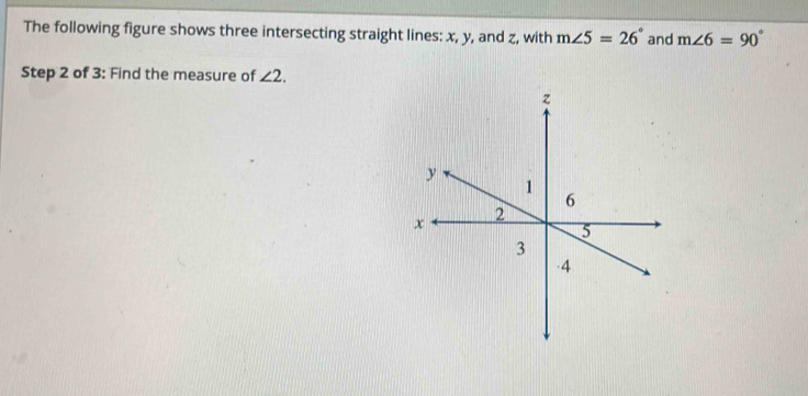 The following figure shows three intersecting straight lines: x, y, and z, with m∠ 5=26° and m∠ 6=90°
Step 2 of 3: Find the measure of ∠ 2.