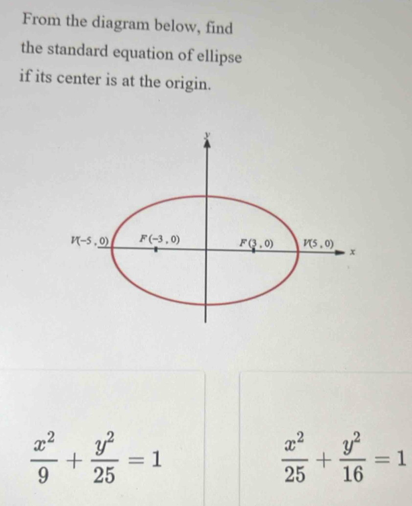 From the diagram below, find
the standard equation of ellipse
if its center is at the origin.
 x^2/9 + y^2/25 =1
 x^2/25 + y^2/16 =1