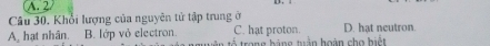 A. 2
Câu 30. Khổi lượng của nguyên tử tập trung ở
C. hat proton.
A. hạt nhân. B. lớp vỏ electron. tố trong hàng tuận hoàn cho biết D. hat neutron