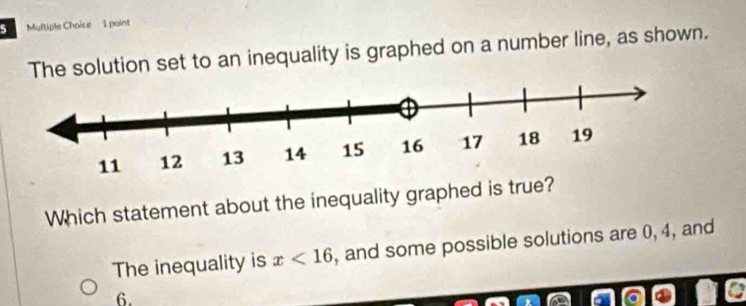 Multiple Choire 1 paint
The solution set to an inequality is graphed on a number line, as shown.
Which statement about the inequality graphed is true?
The inequality is x<16</tex> , and some possible solutions are 0, 4, and
6.