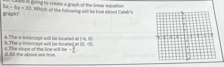 Caleb is going to create a graph of the linear equation
5x-6y=30. Which of the following will be true about Caleb’s
graph?
a.The x-intercept will be located at (-6,0).
b.The y-intercept will be located at (0,-5).
c.The slope of the line will be - 5/6 .
d.All the above are true.