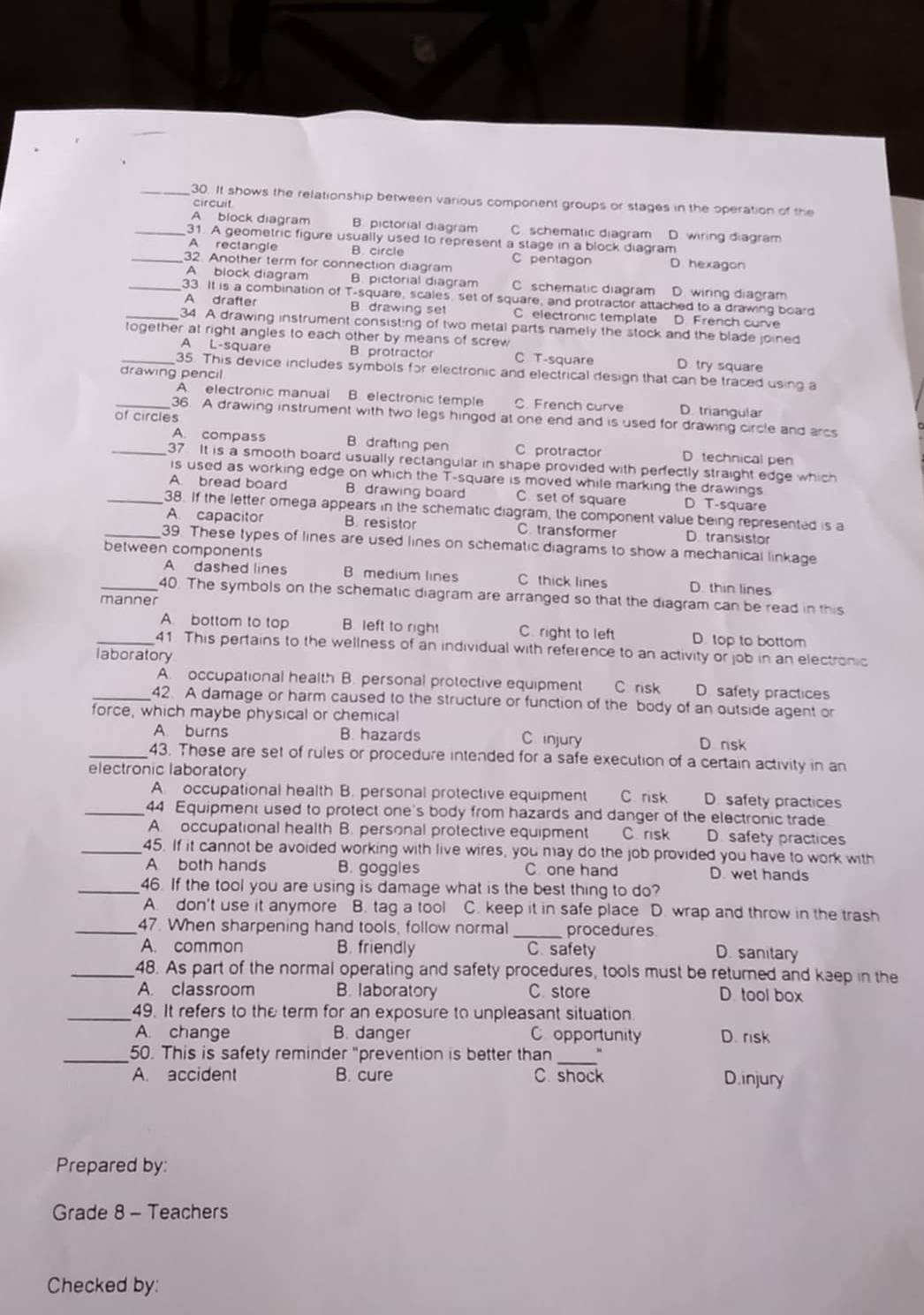 It shows the relationship between various component groups or stages in the operation of the
circuit
A block diagram B pictorial diagram C. schematic diagram D. wiring diagram
_31. A geometric figure usually used to represent a stage in a block diagram
A rectangle B. circle
_32. Another term for connection diagram C pentagon D. hexagon
A block diagram B. pictorial diagram C schematic diagram D. wiring diagram
_33. It is a combination of T-square, scales, set of square, and protractor attached to a drawing board
A drafter B drawing set C. electronic template D. French curve
_34 A drawing instrument consisting of two metal parts namely the stock and the blade joined
together at right angles to each other by means of screw
A L-square B protractor C T-square D. try square
_35. This device includes symbols for electronic and electrical design that can be traced using a
drawing pencil
A. electronic manual B. electronic temple C. French curve D. triangular
of circles
_36. A drawing instrument with two legs hinged at one end and is used for drawing circle and arcs
A. compass B drafting pen C protractor D technical pen
_37 It is a smooth board usually rectangular in shape provided with perfectly straight edge which
is used as working edge on which the T-square is moved while marking the drawings
A. bread board B drawing board C. set of square D T-square
_38. If the letter omega appears in the schematic diagram, the component value being represented is a
A. capacitor B. resistor C. transformer D. transistor
_39. These types of lines are used lines on schematic diagrams to show a mechanical linkage
between components
A dashed lines B medium lines C thick lines D. thin lines
_40. The symbols on the schematic diagram are arranged so that the diagram can be read in this
manner
A. bottom to top B. left to right C. right to left D. top to bottom
_41. This pertains to the wellness of an individual with reference to an activity or job in an electronic
laboratory
A. occupational health B. personal protective equipment C rsk D. safety practices
_42. A damage or harm caused to the structure or function of the body of an outside agent or
force, which maybe physical or chemical
A burns B. hazards C injury D nsk
_43. These are set of rules or procedure intended for a safe execution of a certain activity in an
electronic laboratory
A. occupational health B. personal protective equipment C. risk D. safety practices
_44 Equipment used to protect one's body from hazards and danger of the electronic trade
A. occupational health B. personal protective equipment C. risk D. safety practices
_45. If it cannot be avoided working with live wires, you may do the job provided you have to work with
A both hands B. goggles C one hand D. wet hands
_46. If the tool you are using is damage what is the best thing to do?
A. don't use it anymore B. tag a tool C. keep it in safe place D. wrap and throw in the trash
_47. When sharpening hand tools, follow normal _procedures D. sanitary
A. common B. friendly C. safety
_48. As part of the normal operating and safety procedures, tools must be returned and keep in the
A. classroom B. laboratory C. store D. tool box
_49. It refers to the term for an exposure to unpleasant situation.
A. change B. danger C opportunity D. risk
_50. This is safety reminder "prevention is better than_
A. accident B. cure C. shock D. injury
Prepared by:
Grade 8 - Teachers
Checked by: