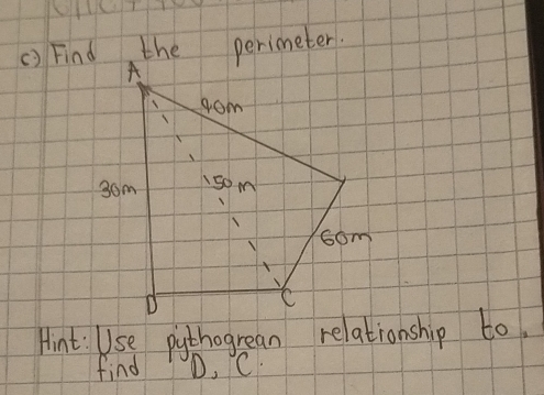 () Find the perimeter. 
Hint : Use pythogrean relationship to 
find D. C.