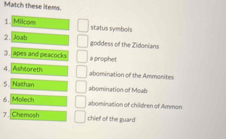 Solved: Match these items. 1. Milcom status symbols 2, Joab goddess of ...