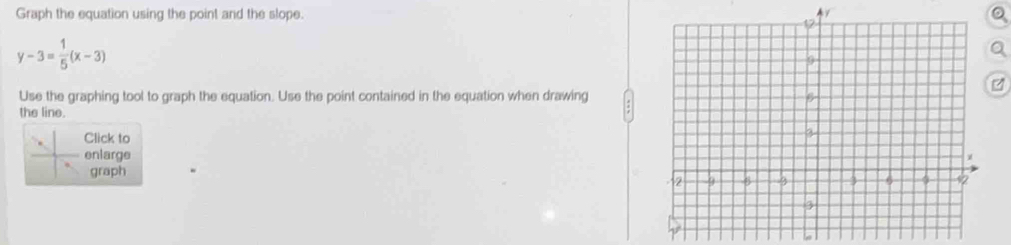 Graph the equation using the point and the slope.
y-3= 1/5 (x-3)
Use the graphing tool to graph the equation. Use the point contained in the equation when drawing 
the line. 
Click to 
enlarge 
graph