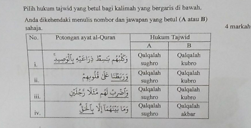 Pilih hukum tajwid yang betul bagi kalimah yang bergaris di bawah. 
Anda dikehendaki menulis nombor dan jawapan yang betul (A atau B) 
sahaja. 4 markah