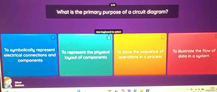 What is the primary purpose of a circuit diagram?
Use keyboard to select
1
3
To symbolically represent
electrical connections and To represent the physical To show the sequence of To illustrate the flow of
components layout of components operations in a process data in a system
Oliver
Baldwin