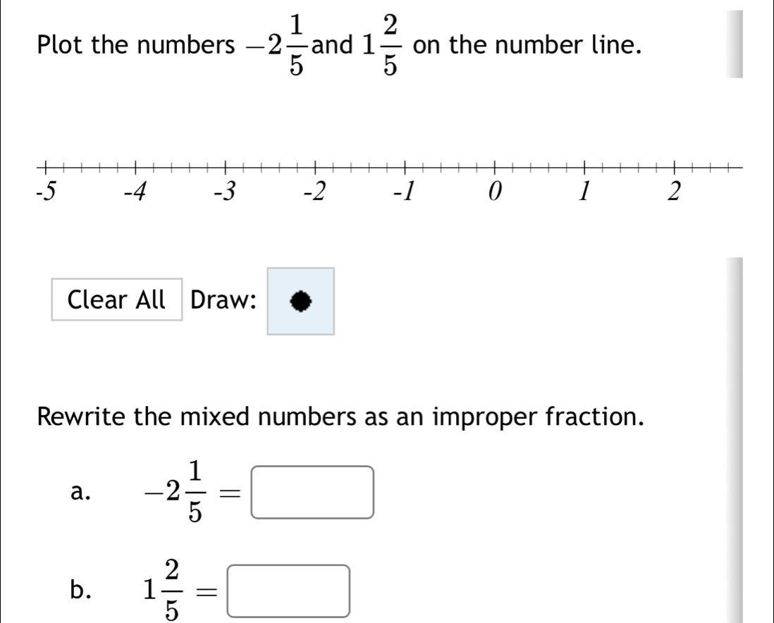 Plot the numbers -2 1/5  and 1 2/5  on the number line. 
Clear All Draw: 
Rewrite the mixed numbers as an improper fraction. 
a. -2 1/5 =□
b. 1 2/5 =□