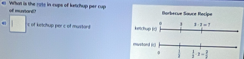 What is the rate in cups of ketchup per cup
of mustard?
□ c of ketchup per c of mustard
 1/2 · 2= 2/2 