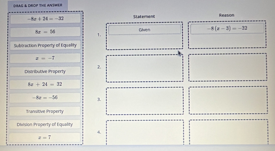 DRAG & DROP THE ANSWER
-8x+24=-32
Statement Reason
8x=56
Given
-8(x-3)=-32
1. 
Subtraction Property of Equality
x=-7
2. 
Distributive Property
8x+24=32
-8x=-56
3. 
Transitive Property 
Division Property of Equality 
4.
x=7