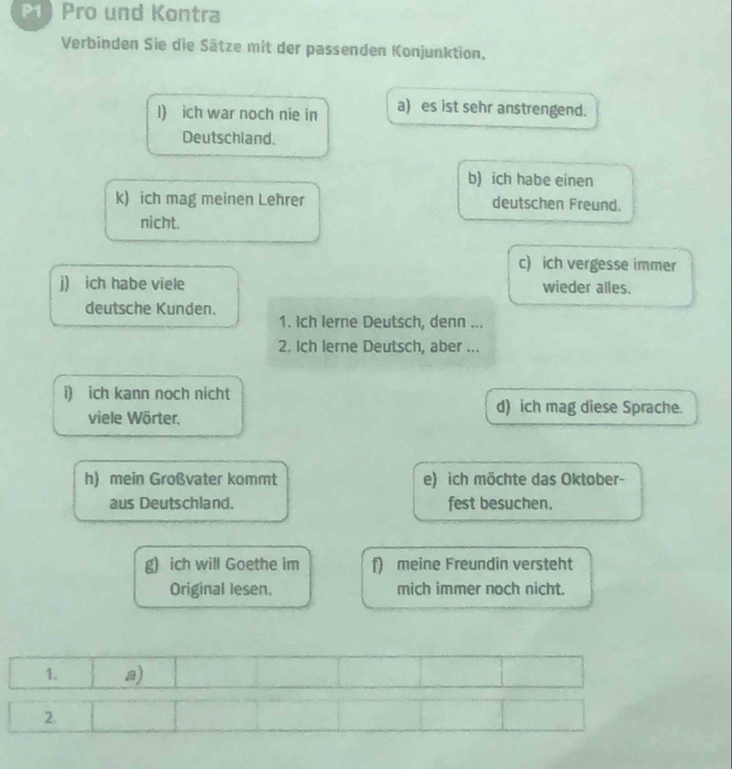 P1) Pro und Kontra
Verbinden Sie die Sätze mit der passenden Konjunktion.
l) ich war noch nie in
a) es ist sehr anstrengend.
Deutschland.
b) ich habe einen
k) ich mag meinen Lehrer deutschen Freund.
nicht.
c) ich vergesse immer
j) ich habe viele wieder alles.
deutsche Kunden.
1. Ich lerne Deutsch, denn ...
2. Ich lerne Deutsch, aber ...
i) ich kann noch nicht
viele Wörter.
d) ich mag diese Sprache.
h) mein Großvater kommt e) ich möchte das Oktober-
aus Deutschland. fest besuchen,
g) ich will Goethe im 1 meine Freundin versteht
Original lesen. mich immer noch nicht.
1. a)
2.