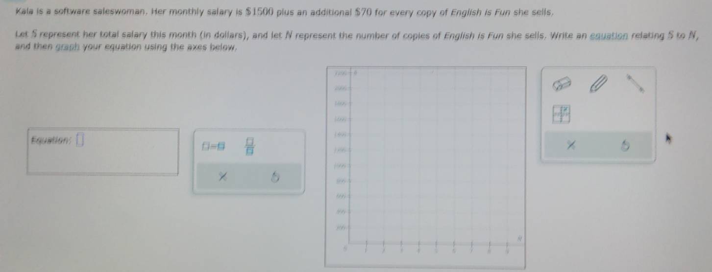 Kala is a software saleswoman. Her monthly salary is $1500 plus an additional $70 for every copy of English is Fun she sells. 
Let S represent her total salary this month (in dollars), and let N represent the number of copies of English is Fun she sells. Write an equation relating S to N, 
and then graph your equation using the axes below. 
Equation (1)
□ =□  □ /□   
× 
5