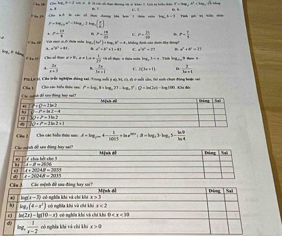 b=2 , Ở là các số thực đương và ơ khác 1. Giá trị biểu thức T=log _ab^a+log _asqrt(b)bin
A. 8 B. 7 C. 5 D. 6.
Câu 29 Cho a,b là các số thực dương lớn bơn 1 thỏa mãn log ,b=3 Tnh gái trị biểu thức
P=log _a^+a^1-3log _a^22log _4( a/b )
A. P= 15/8  B. P= 18/25  C. P= 21/10  D. P= 7/5 
a
Câu 30 Với mọi a b thôa mãn lo _1 (3a^2)+log _3b^3=4 , khắng định náo dưới đây đùng?
A. a^2b^3=81, B. a^4+b^3+1=81 C. a^2b^3=27. D. a^2+b^2=27
log b bằng
Câu 31 Cho số thực a>0;a!= 1,a!=  1/27  và số thực x thỏa mãn log _a3=x Tình log _27a9 theo x
A.  2x/x+3   2x/3x+1  C. 2(3x+1). D.  2/3x+1 
B.
PHAN II. Câu trắc nghiệm đúng sai. Trong mỗi ý a), b), c), d) ở mỗi câu, thi sinh chọn đùng boặc sai.
Câu I. Cho các biểu thức sau P=log _28+log _327-log _55^3;Q=ln (2e)-log 100 Khi đỏ:
Câu 2  Cho các biểu thức sau: A=log _2^(2000)4- 1/1015 +ln e^(2015);B=log _53· log _25- ln 9/ln 4 