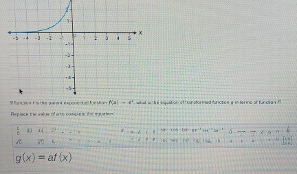 equation of transformed function g in terms of functon f
Replace the value of a to complete the equation
D sin cos tan sn^(-1)cos^(-1)tan^(-1)5_  to 2△ n
cathag122 H
g(x)=af(x)