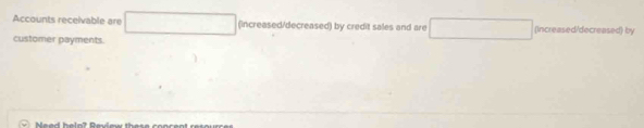 Accounts receivable are □ (increased/decreased) by credit sales and are □ _  (Increased/decreased) by 
customer payments.