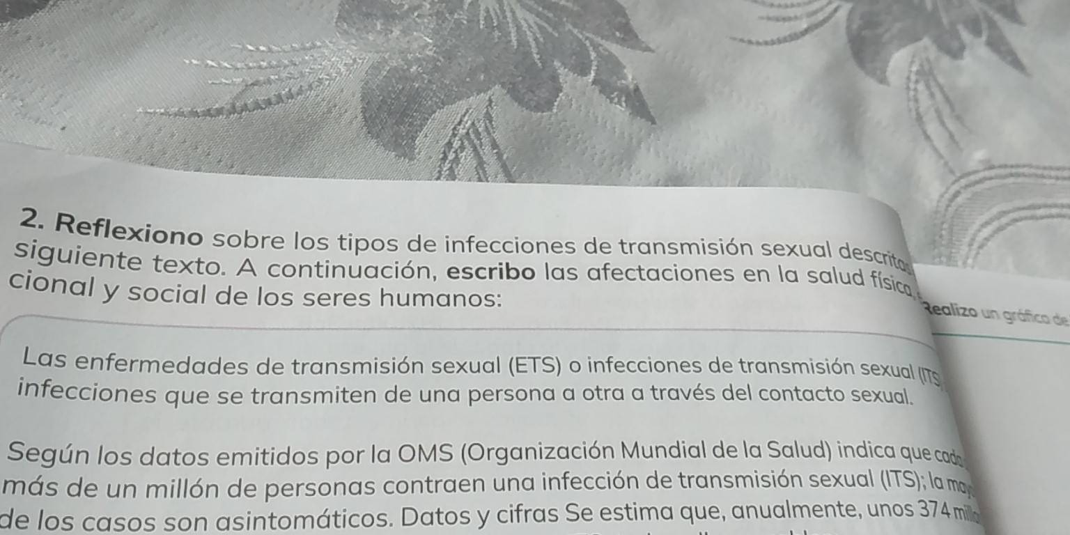 Reflexiono sobre los tipos de infecciones de transmisión sexual descrito 
siguiente texto. A continuación, escribo las afectaciones en la salud física 
cional y social de los seres humanos: 
Realizo un gráfico de 
Las enfermedades de transmisión sexual (ETS) o infecciones de transmisión sexual (ITS 
infecciones que se transmiten de una persona a otra a través del contacto sexual. 
Según los datos emitidos por la OMS (Organización Mundial de la Salud) indica que cad 
más de un millón de personas contraen una infección de transmisión sexual (ITS); la may 
de los casos son asintomáticos. Datos y cifras Se estima que, anualmente, unos 374 milo