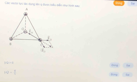 Đứng Sai
Các vectơ lực tác dụng lên q được biểu diễn như hình sau:
A
0
overline F_01
overline F_23
B
C
F_13
) Q>0
Đùng Sai
) Q= q/2 
Đúng Sai