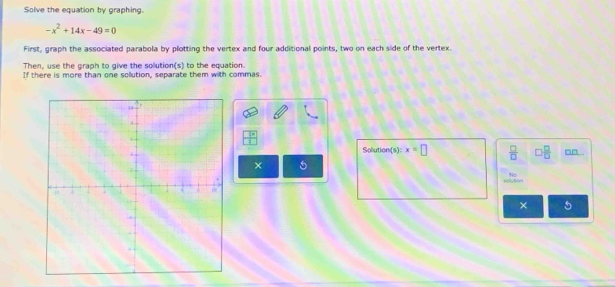Solve the equation by graphing.
-x^2+14x-49=0
First, graph the associated parabola by plotting the vertex and four additional points, two on each side of the vertex. 
Then, use the graph to give the solution(s) to the equation. 
If there is more than one sollution, separate them with commas. 
Solution(s) x=□  □ /□   □  □ /□   an 
× 
No 
× 5