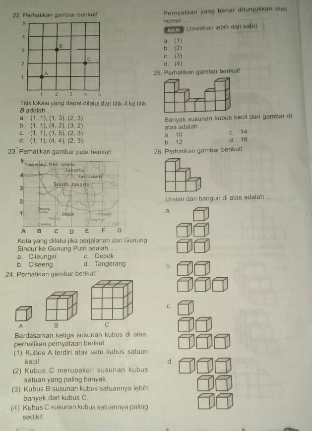 Perhalikan gambar berikut! Pernyataan yang benar difunjukkan olen
5
nomor
4 (Jawaban lebih dari satu)
AKM
a. (1)
B
3 b (2)
C
c (3)
2 d. (4)
1 25. Perhatikan gambar berikut!
A
1 2 3 4 5
Titik lokasi yang dapat dilalui dari titik A ke titik
B adalah
a (1,1), (1,3), (2,3)
b. (1,1),(4,2), (3,2) Banyak susunan kubus kecil dari gambar di
C. (1,1), (1,5), (2,3) atas adaiah_
a 10 c 14
d. (1,1),(4,4), (2,3) b. 12 d 16
23. Perhatikan gambar peta berikut! 26. Perhatikan gambar berikut!
Uraian dari bangun di atas adalah ....
a.
Kota yang dilalui jika perjalanan dari Gunung
Sindur ke Gunung Putri adalah
a. Cileungsi c Depok
b. Ciseeng d. Tangerang b.
24. Perhatikan gambar berikut!
C.
A 
Berdasarkan ketiga susunan kubus di atas,
perhatikan pernyataan berikut.
(1) Kubus A terdiri atas satu kubus satuan
kecil. d.
(2) Kubus C merupakan susunan kubus
satuan yang paling banyak.
(3) Kubus B susunan kubus satuannya lebih
banyak dari kubus C.
(4) Kubus C susunan kubus satuannya paling
sedikit