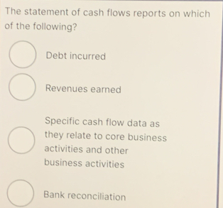 The statement of cash flows reports on which
of the following?
Debt incurred
Revenues earned
Specific cash flow data as
they relate to core business
activities and other
business activities
Bank reconciliation