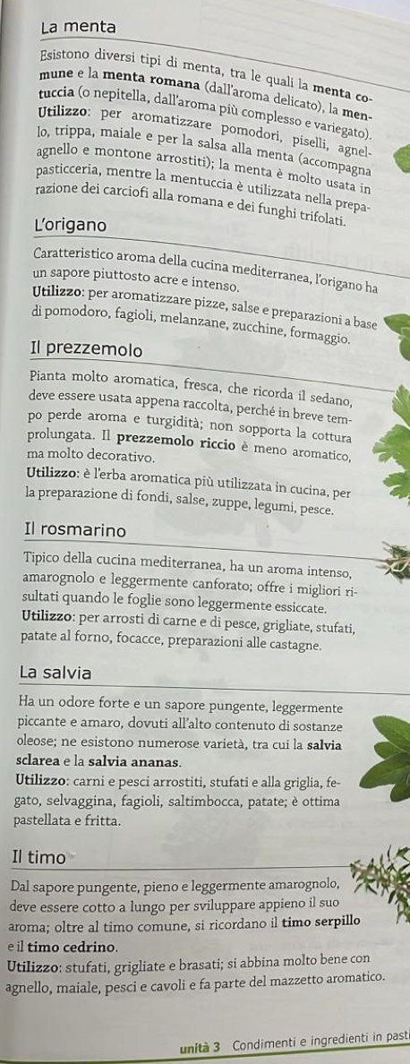 La menta
Esistono diversi tipi di menta, tra le quali la menta co
mune e la menta romana (dall'aroma delicato), la men
tuccia (o nepitella, dall'aroma più complesso e variegato)
Utilizzo: per aromatizzare pomodori, piselli, agnel-
lo, trippa, maiale e per la salsa alla menta (accompagna
agnello e montone arrostiti); la menta è molto usata in
pasticceria, mentre la mentuccia è utilizzata nella prepa-
razione dei carciofi alla romana e dei funghi trifolati.
L’origano
Caratteristico aroma della cucina mediterranea, l'origano ha
un sapore piuttosto acre e intenso.
Utilizzo: per aromatizzare pizze, salse e preparazioni a base
di pomodoro, fagioli, melanzane, zucchine, formaggio.
Il prezzemolo
Pianta molto aromatica, fresca, che ricorda il sedano,
deve essere usata appena raccolta, perché in breve tem-
po perde aroma e turgidità; non sopporta la cottura
prolungata. Il prezzemolo riccio è meno aromatico,
ma molto decorativo.
Utilizzo: è l'erba aromatica più utilizzata in cucina, per
la preparazione di fondi, salse, zuppe, legumi, pesce.
Il rosmarino
Tipico della cucina mediterranea, ha un aroma intenso,
amarognolo e leggermente canforato; offre i migliori ri-
sultati quando le foglie sono leggermente essiccate.
Utilizzo: per arrosti di carne e di pesce, grigliate, stufati,
patate al forno, focacce, preparazioni alle castagne.
La salvia
Ha un odore forte e un sapore pungente, leggermente
piccante e amaro, dovuti all’alto contenuto di sostanze
oleose; ne esistono numerose varietà, tra cui la salvia
sclarea e la salvia ananas.
Utilizzo: carni e pesci arrostiti, stufati e alla griglia, fe-
gato, selvaggina, fagioli, saltimbocca, patate; è ottima
pastellata e fritta.
Il timo
Dal sapore pungente, pieno e leggermente amarognolo,
deve essere cotto a lungo per sviluppare appieno il suo
arorna; oltre al timo comune, si ricordano il timo serpillo
e il timo cedrino.
Utilizzo: stufati, grigliate e brasati; si abbina molto bene con
agnello, maiale, pesci e cavoli e fa parte del mazzetto aromatico.
unita 3 Condimenti e ingredienti in past