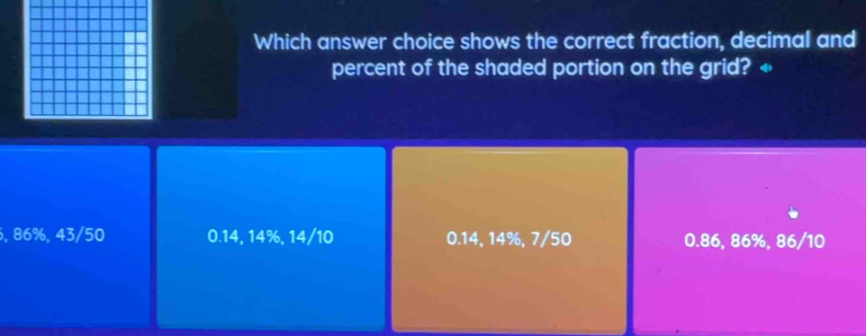 Which answer choice shows the correct fraction, decimal and
percent of the shaded portion on the grid? «
, 86%, 43/50 0.14, 14%, 14/10 0.14, 14%, 7/50 0.86, 86%, 86/10