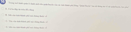 Trong mô hình quản li danh sách tên quân huyện của các tỉnh thành phố Bảng ''QuánHuyện'' lu t0 thông tin về các quân huyên, bao gồm"
A. Cả ba đáp án trên đều đùng
B. Mã của tinh thành phố mà chúng thuộc về
C. Tên của tinh/thành phố mà chông thuộc về
D. Mã của tỉnh/thành phổ mã chúng thuộc về