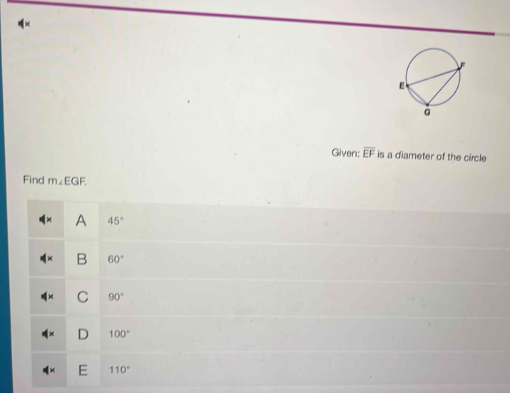 nx
Given: overline EF is a diameter of the circle
Find m∠ EGF.
A 45°
B 60°
C 90°
D 100°
E 110°